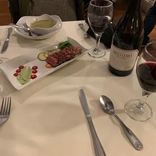 Tuna appetizer and brussel soup washed down with a nice bottle of pinot Noir.