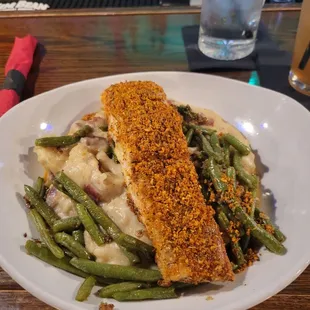 Blackened parm crusted salmon with green beans and mashed potatoes