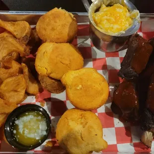 Thursday special all you can eat ribs with mac and cheese, fries, and cornbread