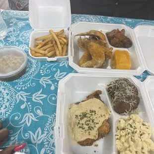 Fried Chicken w Yams and Cornbread w Fries w Gumbo   Chicken Fried Chicken w Fried Green Tomatoes and Mac and Cheese