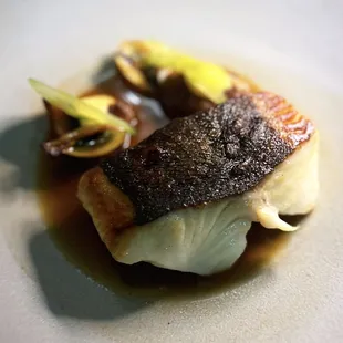 (4) Seared Black Cod w/ confit sunchoke, fermented fresno aioli, shellfish broth | Tasting Menu - $87 pp