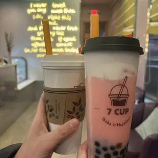 hot black milk tea with boba &amp; milk foam - large; strawberry milk tea with boba &amp; milk foam - large