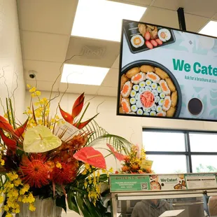 a display of food and flowers