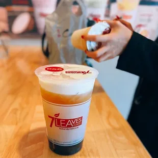 Sea cream jasmine tea (regular) + honey boba / $4.60 + $0.70 each