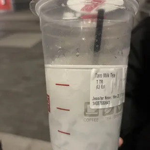 Taro Milk Tea with almost all ice. From the top of the whit band to the bottom