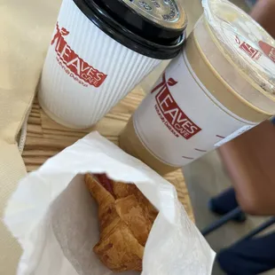 Spanish Latte (hot, Left), Vietnamese coffee with no ice, extra pour (right), and Ham and Brie