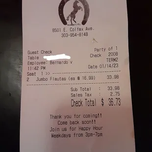 Receipt for the flautas with time,server,date and check number