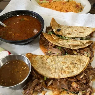 Quesabirria- hands down best street tacos and au jus with rice and guacamole salad