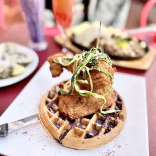 Chicken and ube waffles