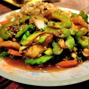 Bittermelon w/ fish over fried rice