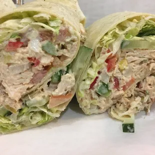 a chicken salad wrap cut in half