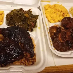 Jerk chicken, Mac n cheese and collards. Oxtail, cabbage and Mac n cheese