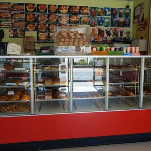 a display case of donuts