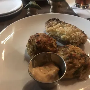 Crab cakes with twice baked potato