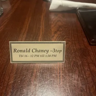 Our reservation for a table