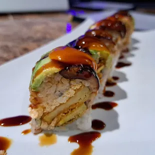 Dragon X vegan roll has tempura sweet potato, eggplant, avocado, and spicy "crab mix" (tofu).