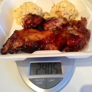 Whopping 1 &amp; 1/2 pounds of BBQ chicken, ribs and sausage; with double tater salad: Just $8!!!