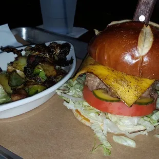 Tasty burger and brussel sprouts