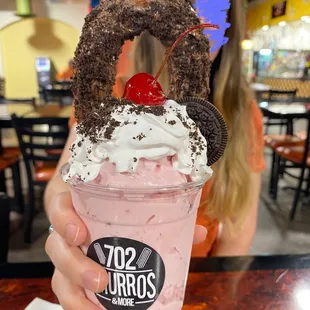 Strawberry Milkshake, chocolate Churro Loop