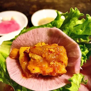 Spicy pork belly, radish wrap and lettuce wrap, try it!!