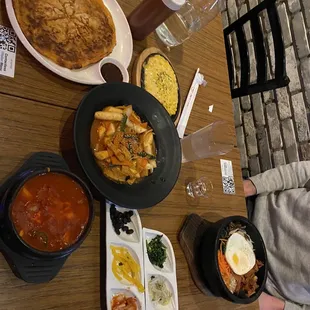 Kimchi Pancake Small Plate, Tteo Bok Ki (spicy), Soft Tofu Soup (kimchi), Bi Bim Bop (spicy pork), Corn Cheese Small Plate