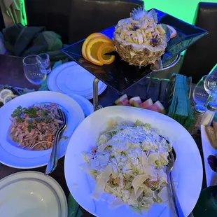 Exotic Chicken Salad (top right) Cesar Salad (bottom right) beef tongue salad (left)