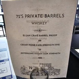 Menu - table top Private 'spensive whiskey