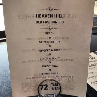 Menu - table top Old Fashioned specials