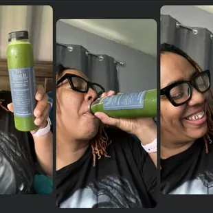 a woman drinking a green juice