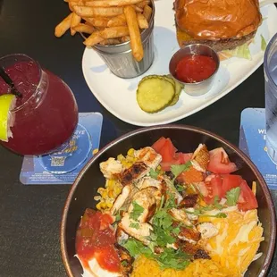 Mexican Burrito Bowl, Impossible Burger, French Fries, Mocktail