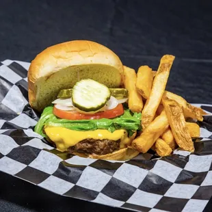 a cheeseburger and fries