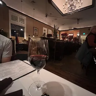 a glass of wine on a table in a restaurant