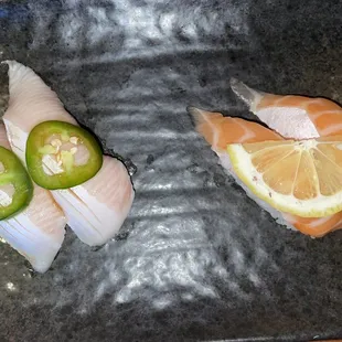 Yellowtail and salmon belly sushi - good quality fish!
