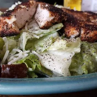 Blackened Chicken Ceaser salad. This is fresh and delicious on a warm sunny day.