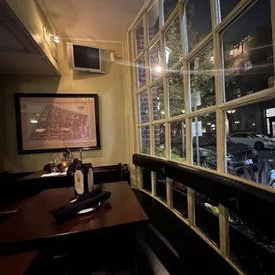 a view of a street through a window