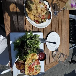 Lobster Omelette (bottom) and fried calamari (top)