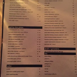 Menu of wines