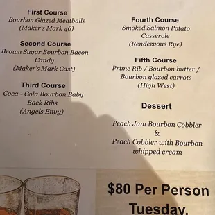 Special bourbon dinner menu.