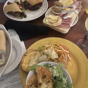 Thai chicken sandwich, cheese board, Mongolian steak sandwich