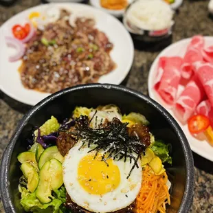 Kalbi bibimbap (mixed rice with veggies and 3 pcs of kalbi)