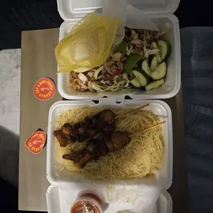 Pancit w/chx skewers and Laab