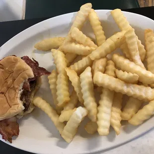 Bacon cheese burger and fries