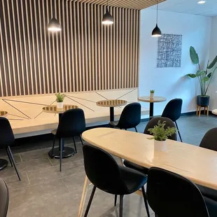 tables and chairs in a coffee shop