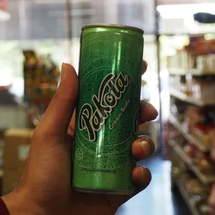 a person holding a can of soda
