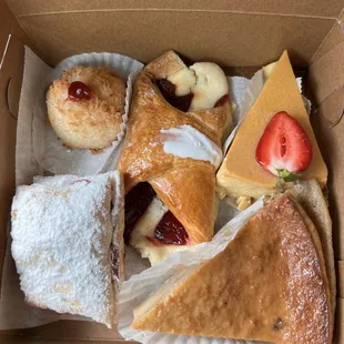 Bread pudding, coconut macaron, flan, turnovers