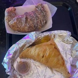 Chocolate croissant and chicken empanada