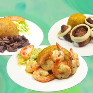Mofongo Relleno de Churrasco. Carne Frita con Mofongo. Mofongo Relleno de Camarones.