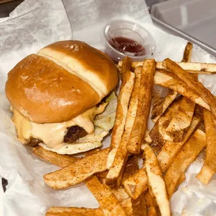 a hamburger and french fries