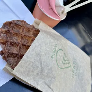 Triple flavor - dark chocolate, Rice, and Strawberry Gelato with a cinnamon waffle