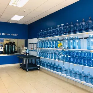 Selling purified water and alkaline water. Many kinds of bottle are available
